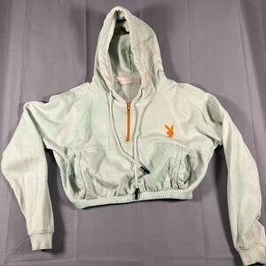 Missguided Playboy Cropped Hoodie Women’s Size 4 Light Mint Green Orange Logo